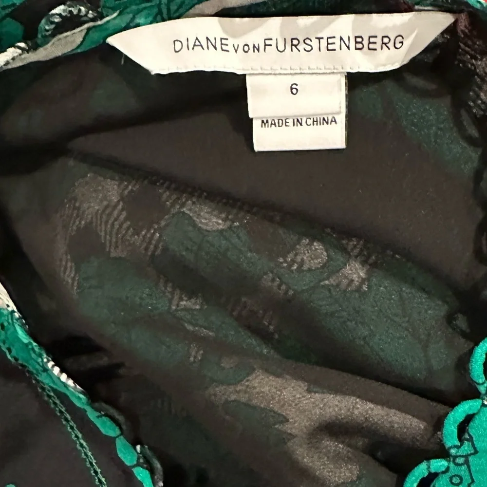 DIANE VON FURSTENBERG CAMDEN SILK LONG PUFF SLEEVE GREEN BLACK WHITE BLOUSE
